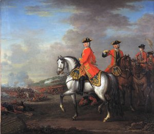 Koning George II bij de Slag bij Dettingen, met de Hertog van Cumberland en Robert, 4e Graaf van Holderness door John Wootton