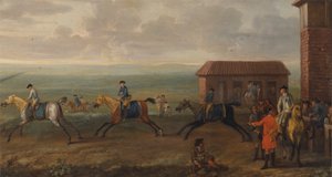 Lord Portmore kijkt naar racepaarden tijdens de training op Newmarket Heath door John Wootton
