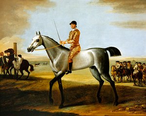 De beroemde grijze renpaard Coneyskins van de hertog van Rutland met jockey op Newmarket Heath door John Wootton
