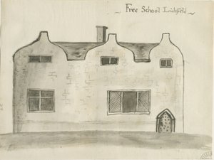 Lichfield - Grammar School: sepia wash tekening, nd [1784]