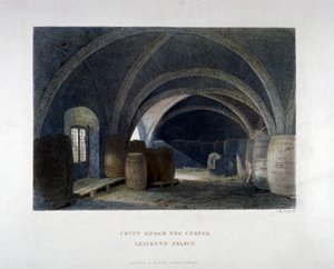 Crypte gevuld met vaten onder de kapel in Lambeth Palace, Londen, 1851 door John Wykeham Archer