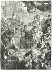 Sir Francis Drake ontvangt zijn ridderslag van Koningin Elizabeth I, 1581 door John after Gilbert