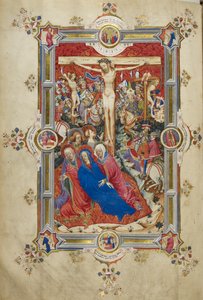 De kruisiging, introductie van de Canon van de Mis. Christus aan het kruis, geflankeerd door dieven, flauwvallende Maagd ondersteund door vrouwen en St. Johannes, Magdalena aan de voet van het kruis. Menigte van ruiters in eigentijdse kleding, inclusief Lo door John and Siferwas John (fl. 1380–1421 Whas