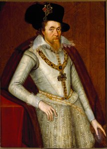 Portret van Jacobus I van Engeland en VI van Schotland, Ridders van de Orde van de Kousenband, ca. 1610 door John de Critz
