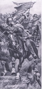 Luitenant John Smith heroverde de standaard van de koning bij Edgehill, 23 oktober 1642, illustratie uit Britse gevechten op land en zee, 1915 door John de Walton