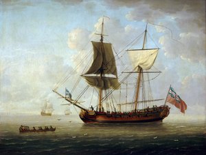 Een Britse brigantijn, met de rode vlag en de Union Jack, offshore in een kalme zee door John the Elder Cleveley