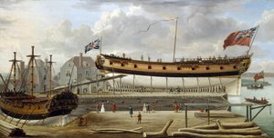 Een zesdeklasser, een oorlogsschip van de Britse Koninklijke Marine, in droogdok, de scheepswerf is waarschijnlijk die van Rotherhite, aan de zuidelijke oever van de Theems, Engeland