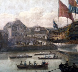 De lancering bij de scheepswerf van Deptford (detail) door John the Elder Cleveley