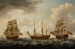 H.M.S. Tyrall in drie posities bij Antigua door John the Younger Cleveley