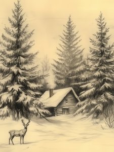 Rustieke winterhut met herten door Jolly and Dash