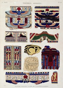 Illustraties van geschilderde ontwerpen van de wikkels van de mummies, Hypogees, Thebe, plaat 58 uit Vol II van `Beschrijvingen van Egypte`, gegraveerd door Willemin, 1822 door Jomard