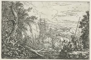 Drie vissers aan de oever van een rivier