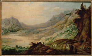 Landschap met rivierdal ... (olieverf op eikenhout) door Joos de (follower of) Momper