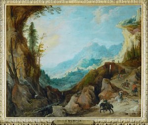 Een berglandschap met een brug en vier ruiters ... door Joos de (follower of) Momper