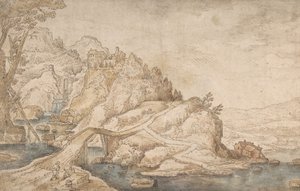 Heuvelachtig Landschap met Rivier, Brug en Huizen met Twee Figuren Links