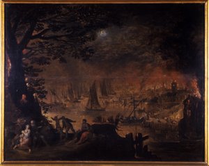 Brandende stad aan zee door Joos or Josse de Momper