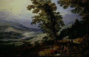 Bergweg met reizigers, ca.1610-25 (olieverf op gewelfd paneel) door Joos or Josse de The Younger Momper