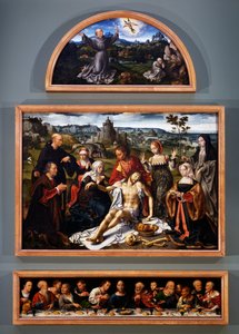 Altaarstuk van de kruisafneming, met de stigmata van St. Franciscus, de kruisafneming van Christus en het Laatste Avondmaal uit de kerk van de Minderbroeders in Genua, c.1520 door Joos van Cleve