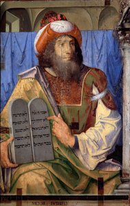 Portretten van illustere mannen: Mozes en tafelen van de wet door Joos van Gent (fl.1460 75)