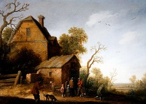 Een boslandschap met figuren en honden