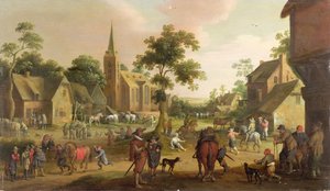 Reizigers, Bedelaars en Paardenhandelaren in een Dorp door Joost Cornelisz. Droochsloot
