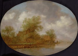 Een Rivierlandschap met Vissers die Netten Binnenhalen door Joost de Volder