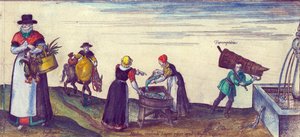 Landvolk op weg naar de markt, visvrouwen die snoek verkopen en een leerling die water haalt uit een fontein (detail) door Joris Hoefnagel