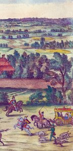 Hovelingen en jachthonden begeleiden de aankomst van koningin Elizabeth I in Nonsuch Palace (detail)