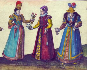Engelse vrouwen uit het Elizabethaanse tijdperk (detail) door Joris Hoefnagel