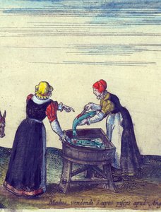 Visvrouwen die snoek verkopen en schoonmaken (detail) door Joris Hoefnagel