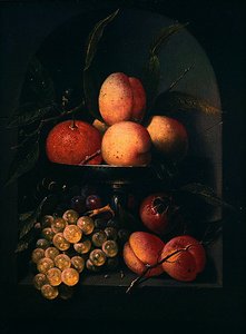 Een tazza van fruit in een stenen nis