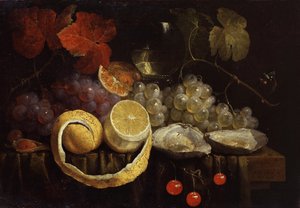 Stilleven van fruit en oesters. Schilderij van Joris van Son (1623-1667) Privécollectie.