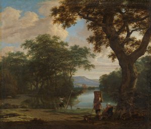 Landschap met visser met een vierkant net door Joris van der Haagen