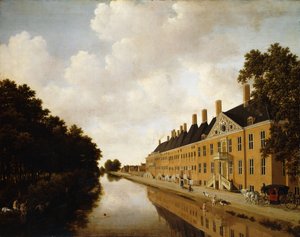 Een uitzicht op de Prinsessegracht, Den Haag, kijkend naar de Bezuidenhoutsebrug en de Oost Singelsgracht, ca. 1660 door Joris van der Hagen