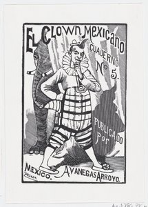 Een clown die met één hand op zijn heup staat en een olifant die van achteren naar buiten kijkt..., ca. 1880-1910 door José Guadalupe Posada