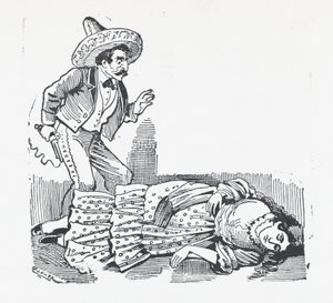 Een man met een geweer die over een vrouw staat die hij net heeft neergeschoten, ca. 1880-1910