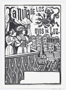 Een vrouw en een man die op een balkon staan en naar een vliegend monster in de lucht kijken..., ca. 1880-1910