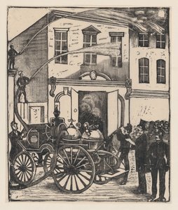 Brandweerlieden blussen een brand in een huis, brandweerwagen op de voorgrond, ca. 1880-1910
