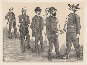 Twee mannen die elkaar de hand schudden op de voorgrond en officieren die hen bekijken op de achtergrond door José Guadalupe Posada
