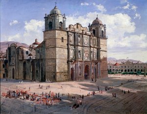 Uitzicht op de kathedraal van Oaxaca, Mexico