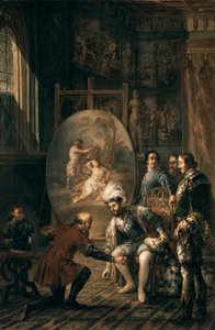 Keizer Karel V raapt de penseel op van schilder Tiziano Vecellio, schilder aan het hof van de keizer door Jose Felipe Parra