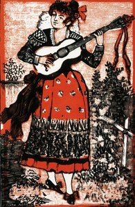 Omslag van een liedboek met een Mexicaanse vrouw met een gitaar. Gravure van Jose Guadalupe Posada (1852-1913)