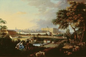Uitzicht op het Koninklijk Paleis in Madrid vanaf de Principe Pio-berg