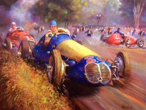 Juan Manuel Fangio rijdt in de Maserati 4Cl Het bos van Palermo Buenos Aires door Jose Maria Villafuerte