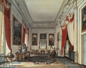 Een boudoir met een bed in een alkoof (aquarel en potlood) door Jose Ribelles y Helip