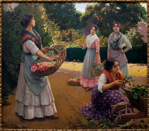 Bloemisten in het Park van Maria Luisa - Schilderij door Jose Rico Cejudo, Olieverf op doek door Jose Rico y Cejudo