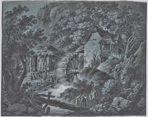 Molen in een boslandschap met verschillende mensen en een reusachtige door Josef Abel