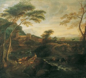 Landschap met grazende koeien door Josef Faistenberger