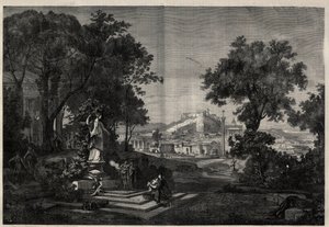 Oud Griekenland: zicht op de tuinen van Venus in Athene. Gravure naar een schilderij van Joseph Hoffmann in 