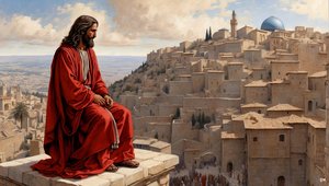 Jezus door de duivel op de tempel gezet - spring naar beneden